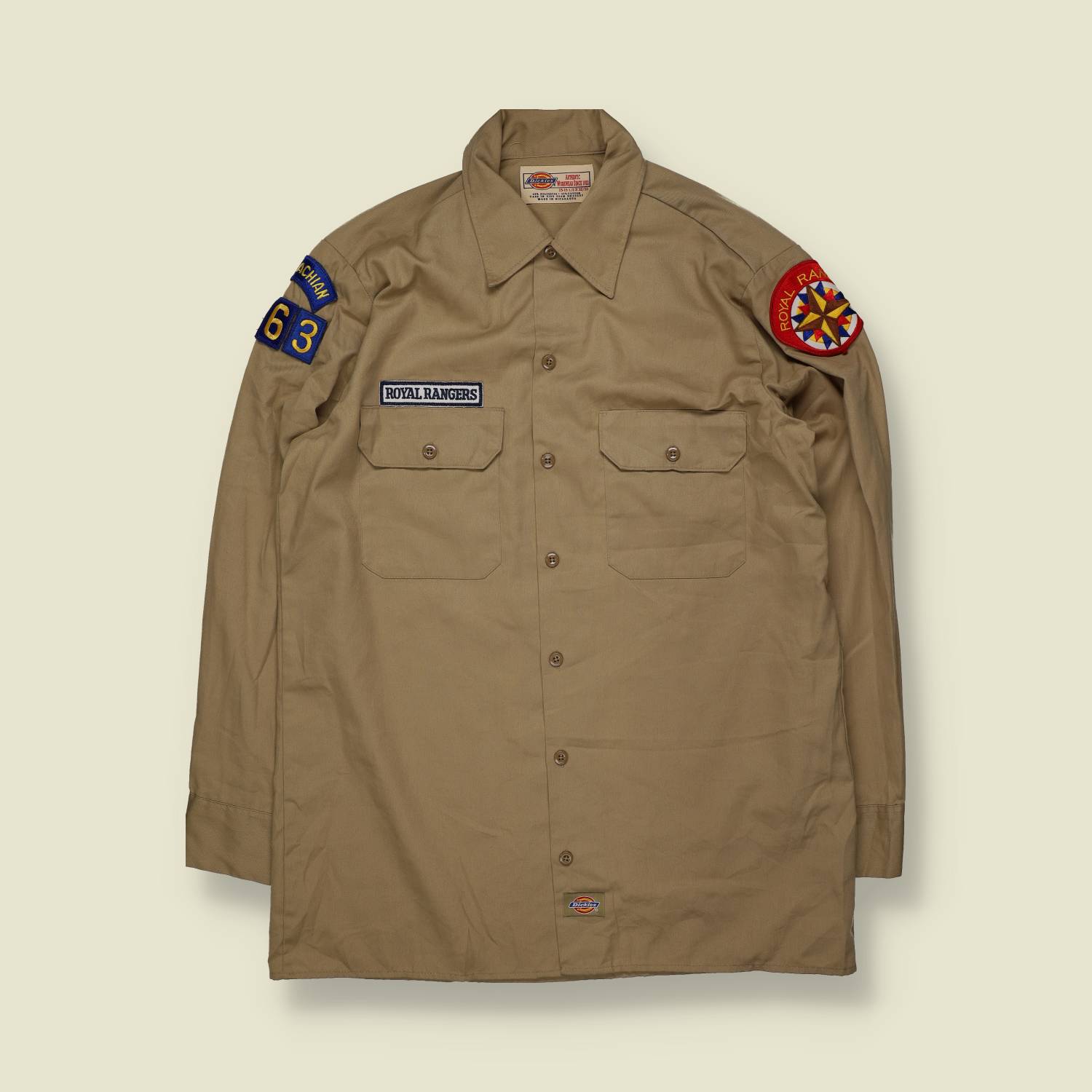 1990s | Dickies | Royal Rangers Patched Work Shirt | Made in USA | Khaki – M