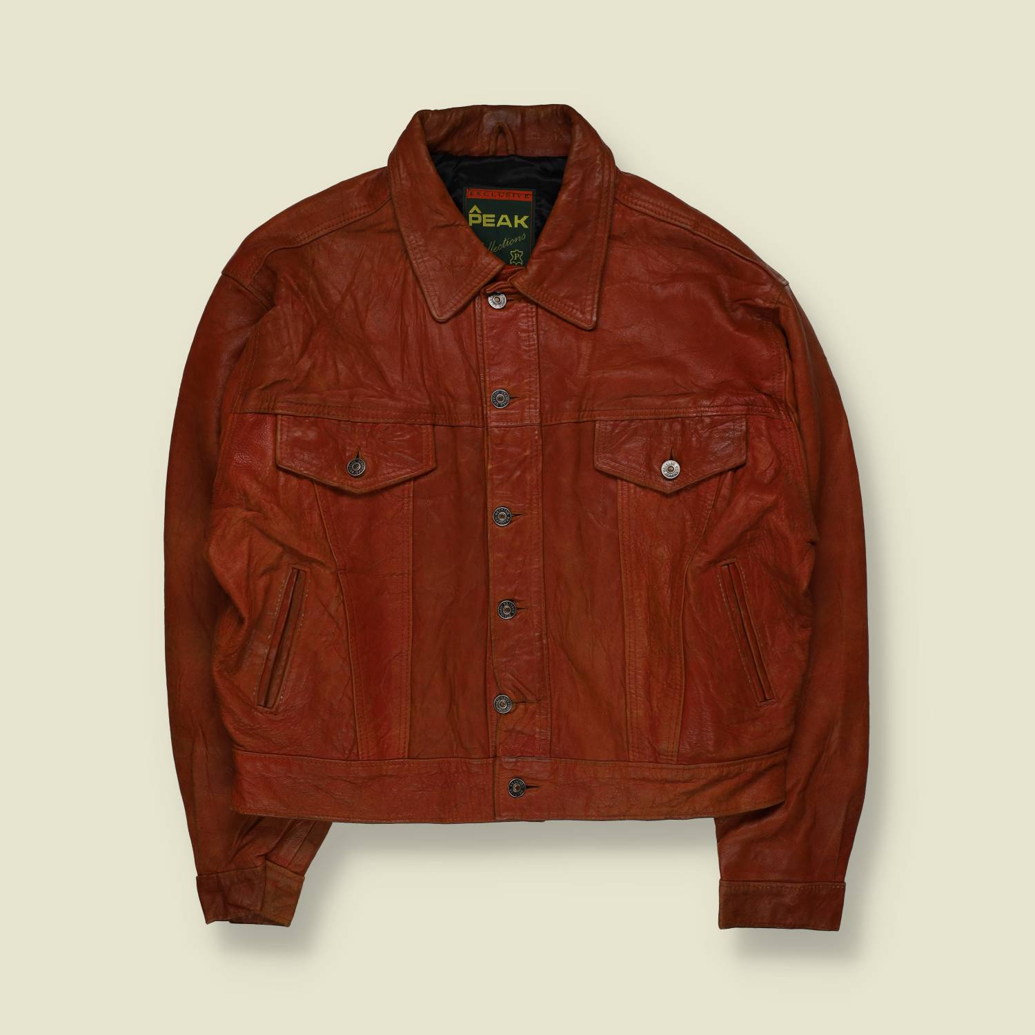 1980s | Peak | Leather Trucker Jacket | Tan Brown - XXL