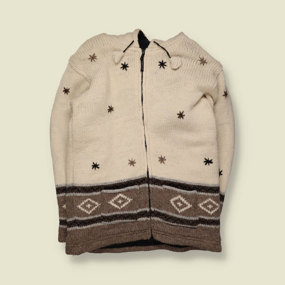 1990s – 2000s | Priya | Cream Star Motif Hooded Festival Zip Knit Jacket - Made in Nepal - 18