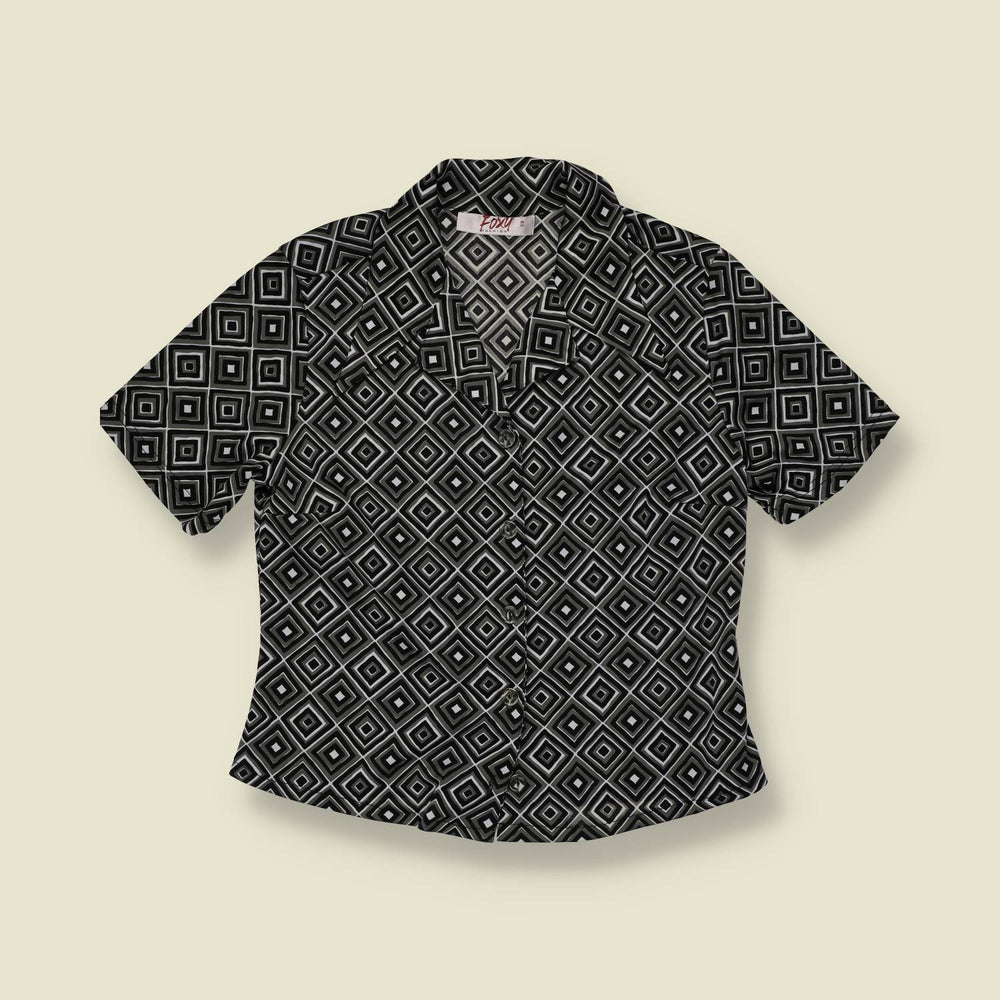 1990s | Foxy | Black and White Geometric Diamond Print Poly Blouse - 10
