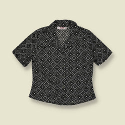 1990s | Foxy | Black and White Geometric Diamond Print Poly Blouse - 10