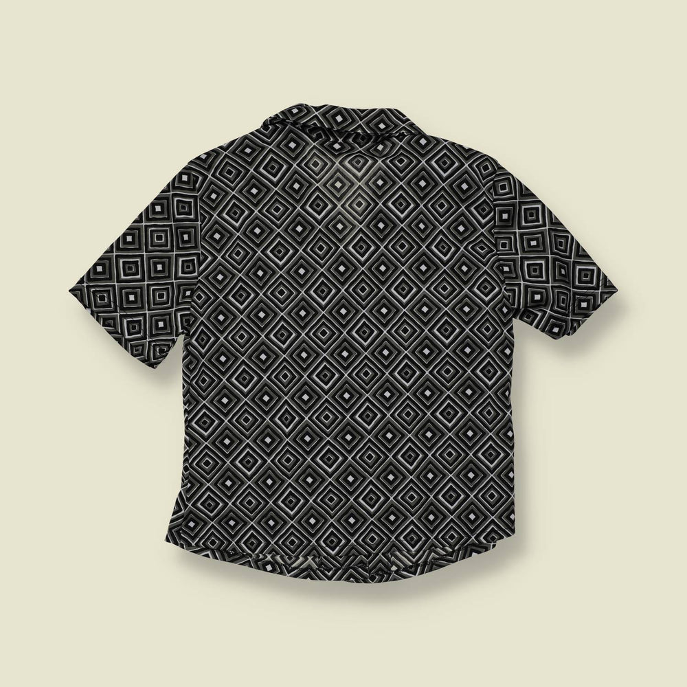 1990s | Foxy | Black and White Geometric Diamond Print Poly Blouse - 10