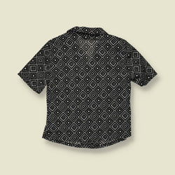 1990s | Foxy | Black and White Geometric Diamond Print Poly Blouse - 10
