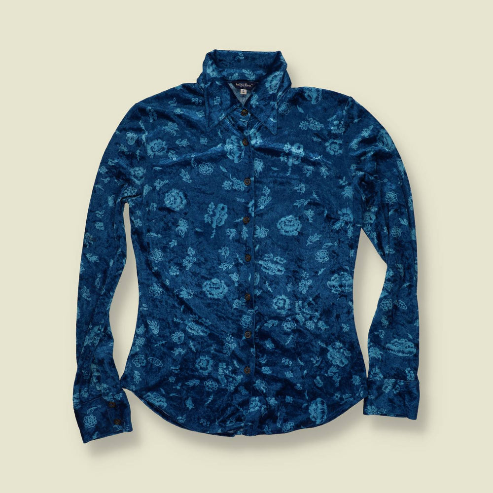1990s | Indian Rose | Blue Floral Crushed Velour Shirt - 10