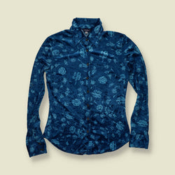 1990s | Indian Rose | Blue Floral Crushed Velour Shirt - 10