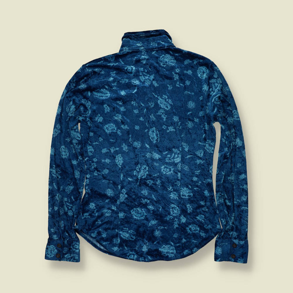 1990s | Indian Rose | Blue Floral Crushed Velour Shirt - 10
