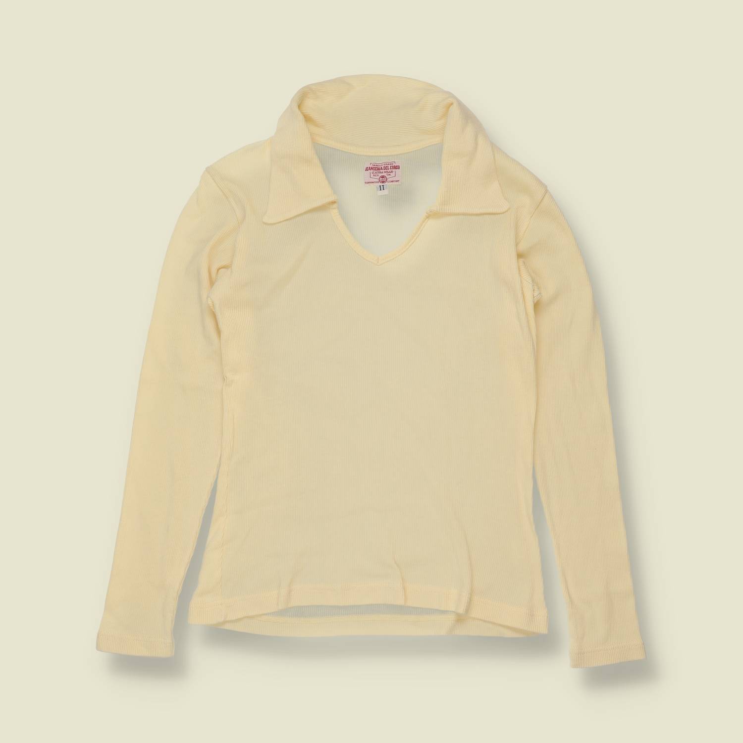 1990s | Jeanteria del Corso | Cream Ribbed Open Collar Long Sleeve Top - Made in Italy - 4