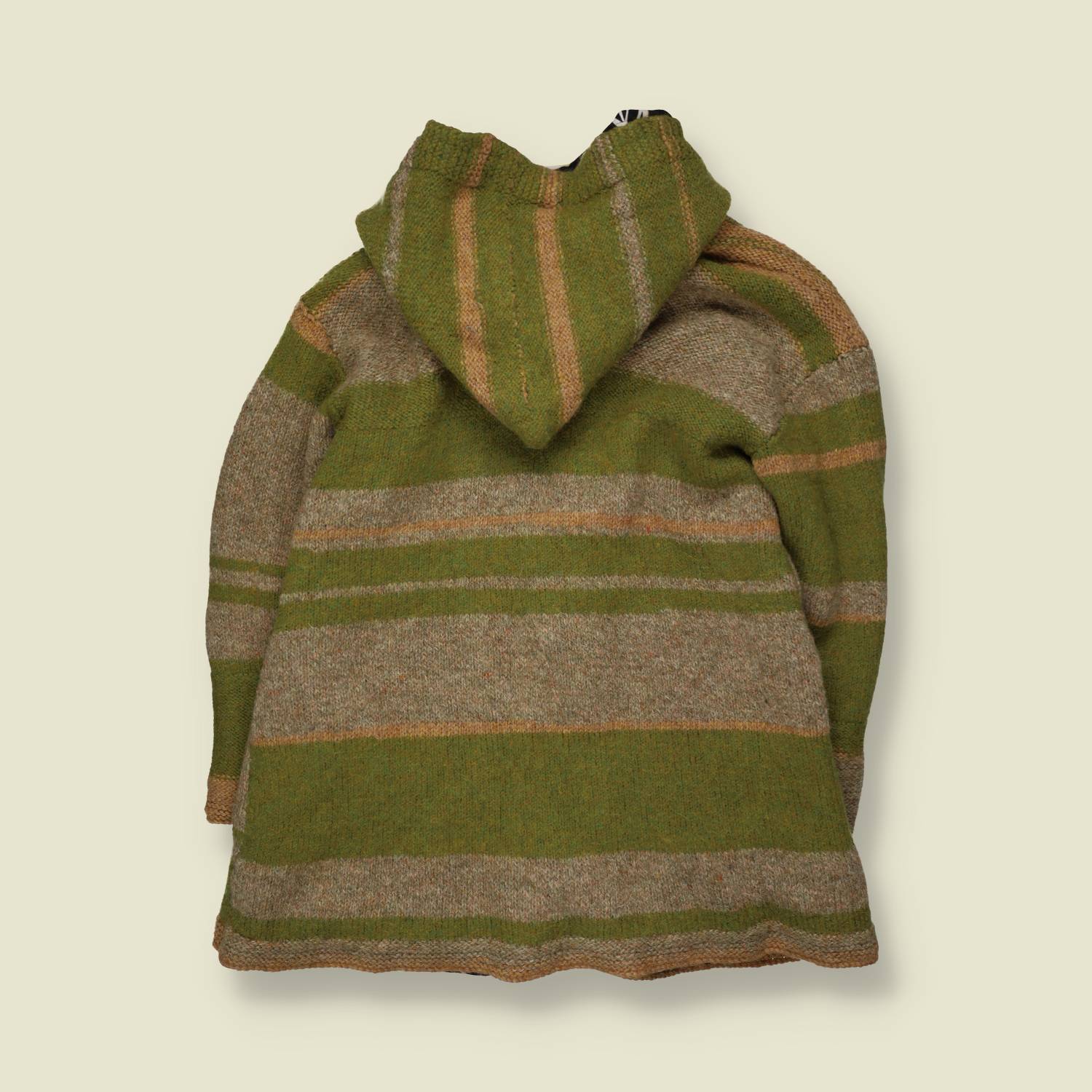 2000s | Green Stripe Hooded Button Festival Knit Jacket with Printed Lining - 14