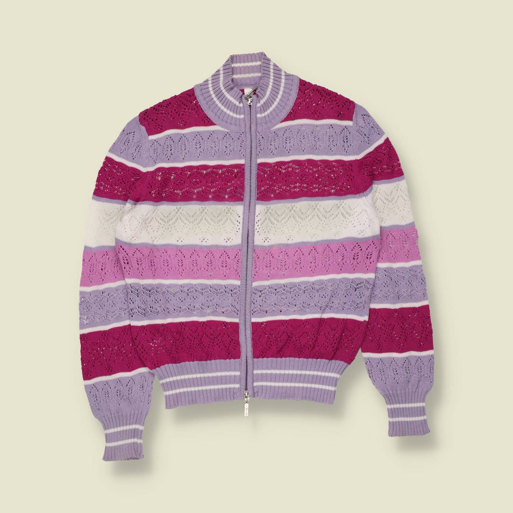 1990s | Lilac and Pink Stripe Pointelle Zip Knit Cardigan - 8