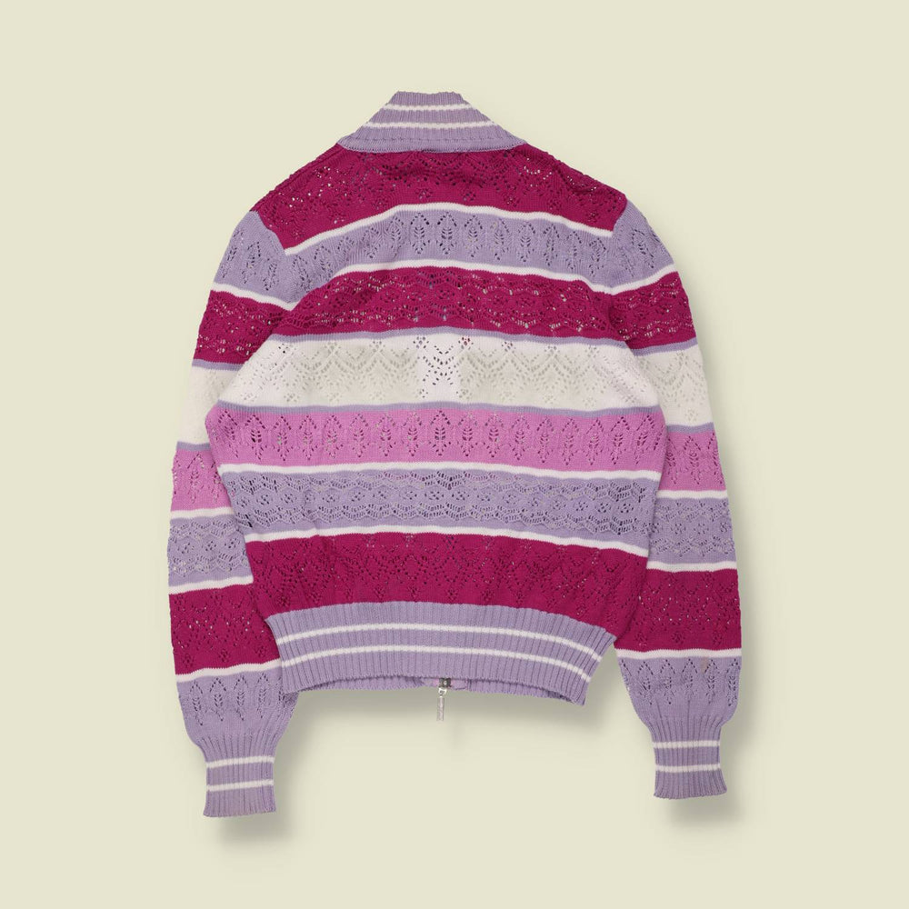 1990s | Lilac and Pink Stripe Pointelle Zip Knit Cardigan - 8