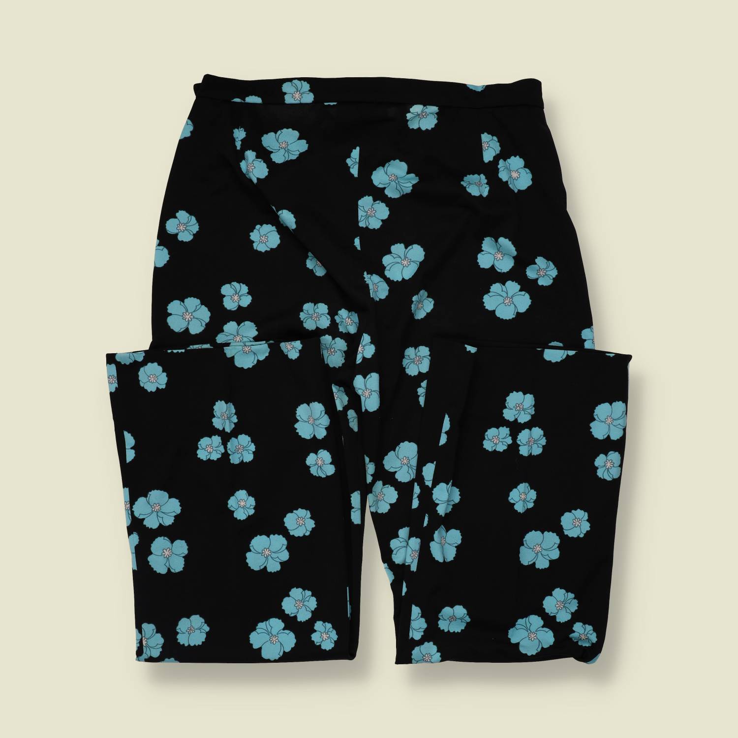 1970s | Black and Blue Floral Print Palazzo Trousers - w32