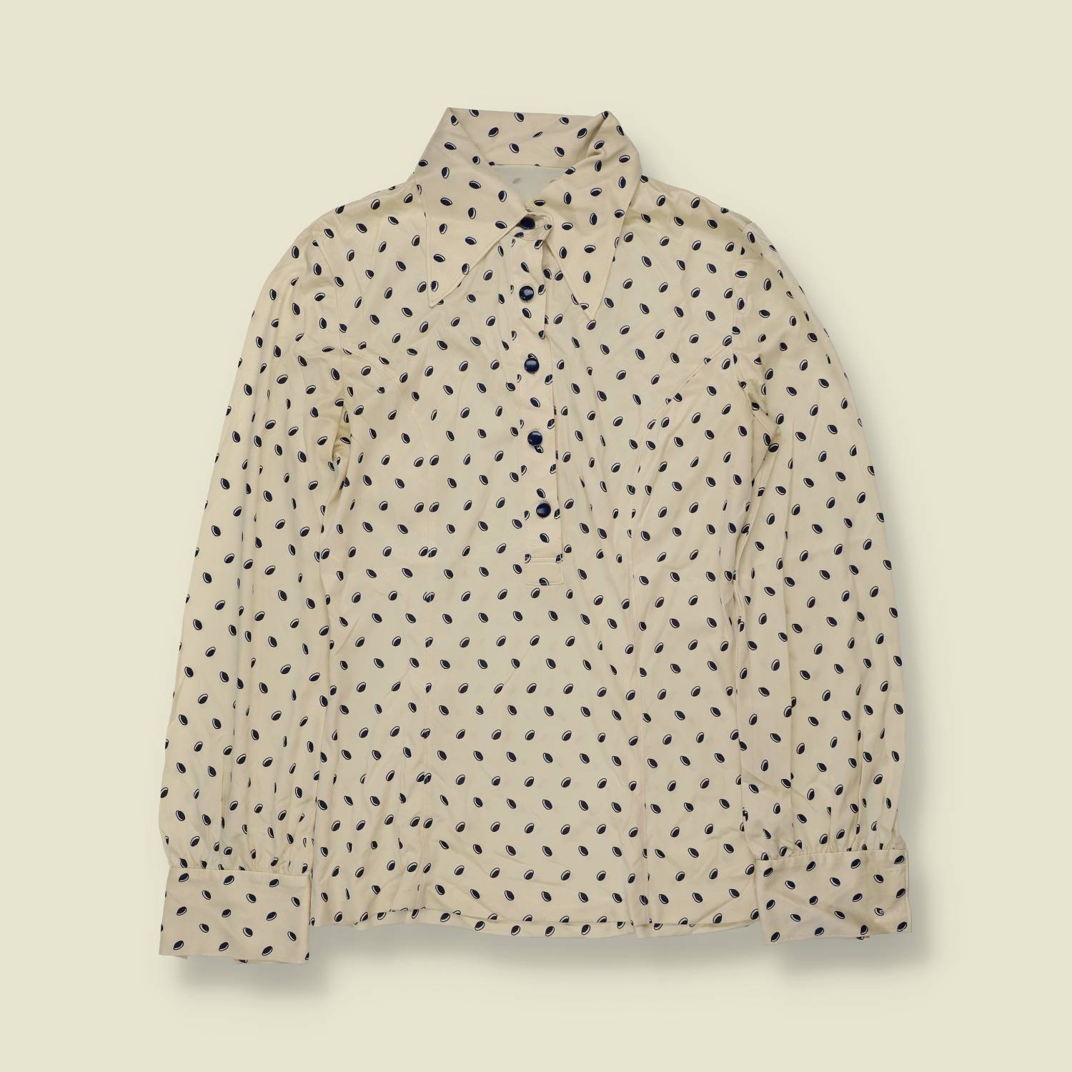 1970s | Cream Oval Spot Print Poly Blouse - 6