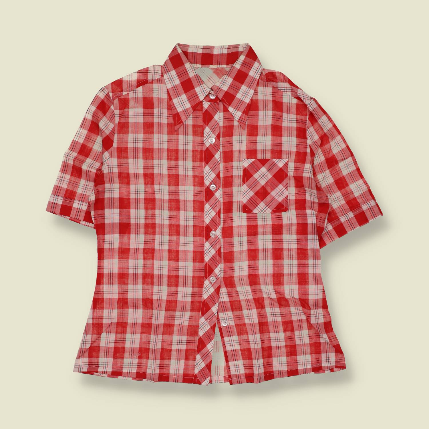 1970s | Red Check Short Sleeve Cotton Blouse - 12
