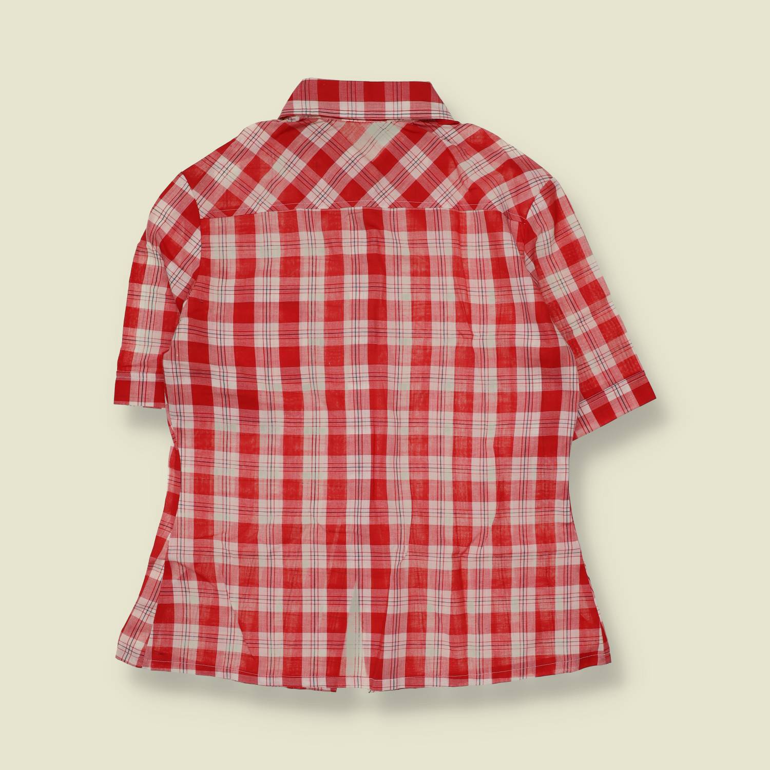 1970s | Red Check Short Sleeve Cotton Blouse - 12