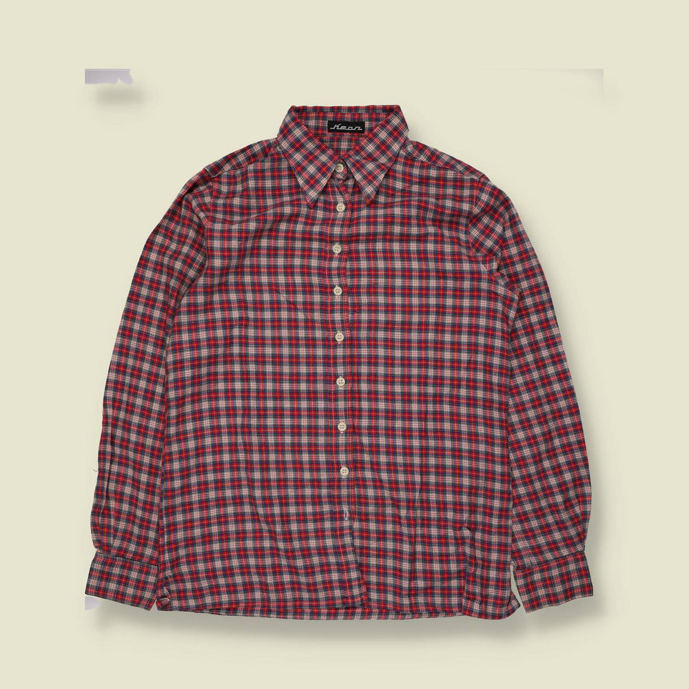 1970s | Keen | Red Tartan Check Long Sleeve Cotton Blouse - 12