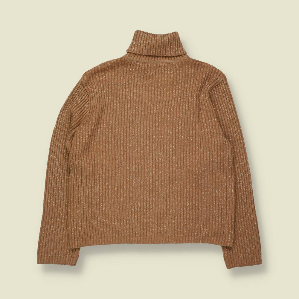 1990s | Camel Lurex Ribbed Polo Neck Jumper - 12