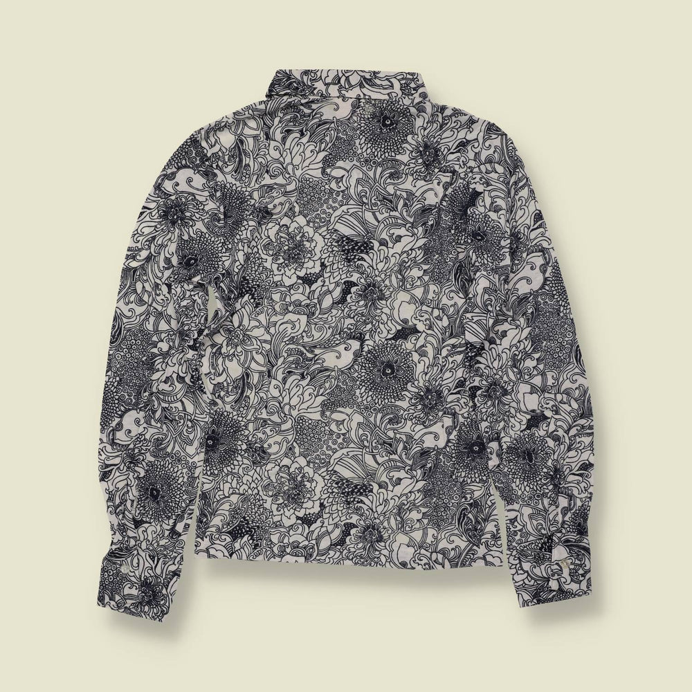 1970s | TGL | Black and White Dense Floral Print Vincel Cotton Blouse - Deadstock - 8