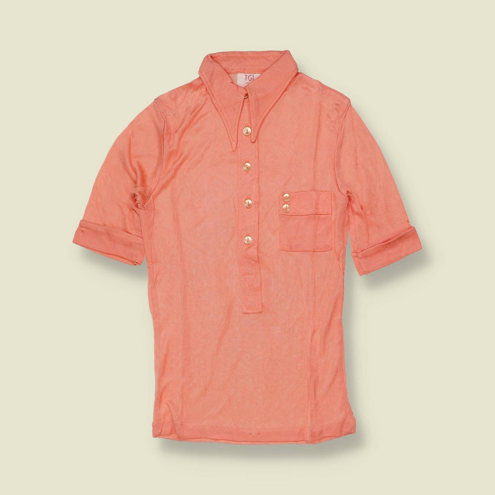 1970s | TGL | Coral Half Button Acetate Blouse - Deadstock - 4
