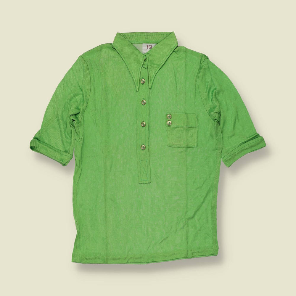 1970s | TGL | Lime Green Half Button Acetate Blouse - Deadstock - 8