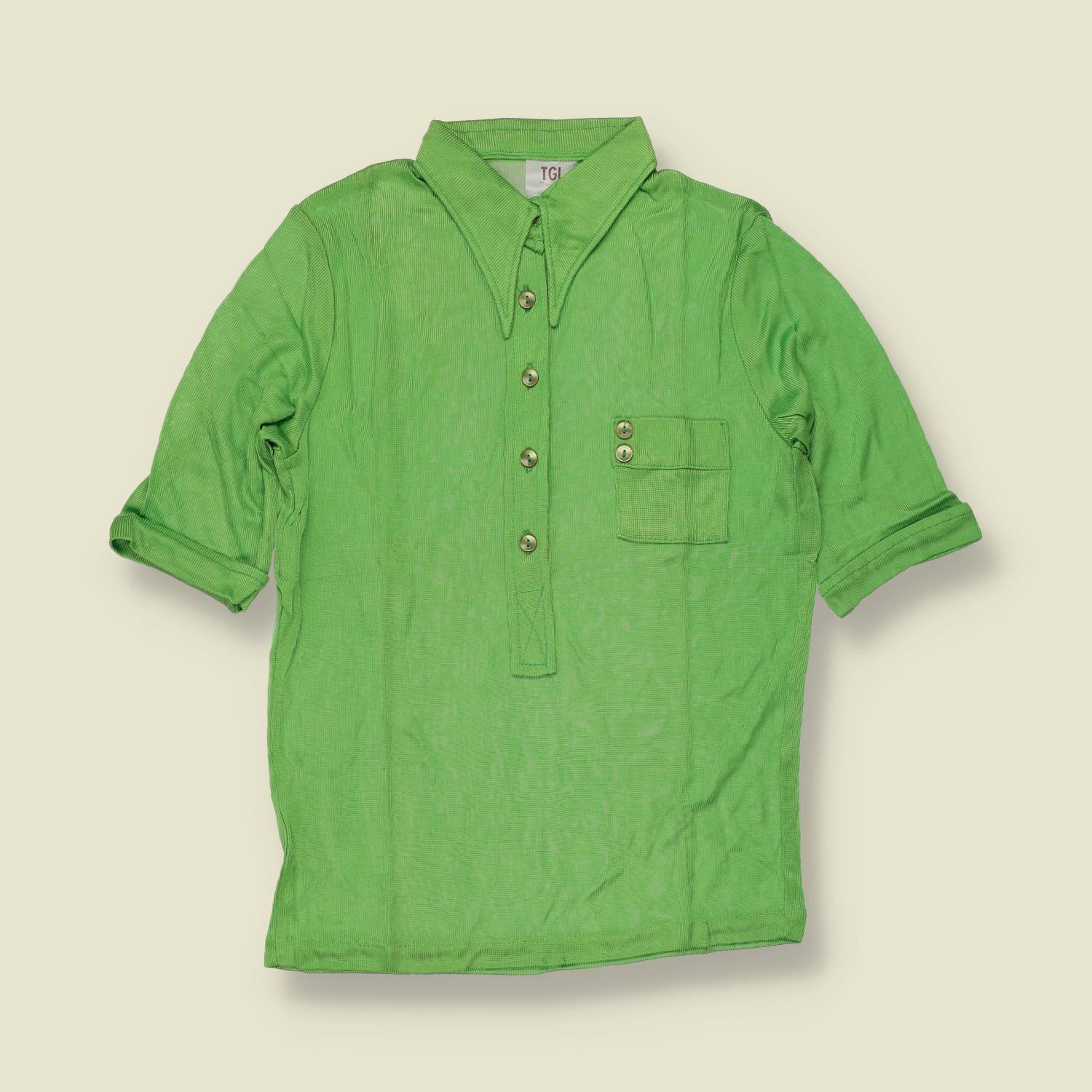 1970s | TGL | Lime Green Half Button Acetate Blouse - Deadstock - 8