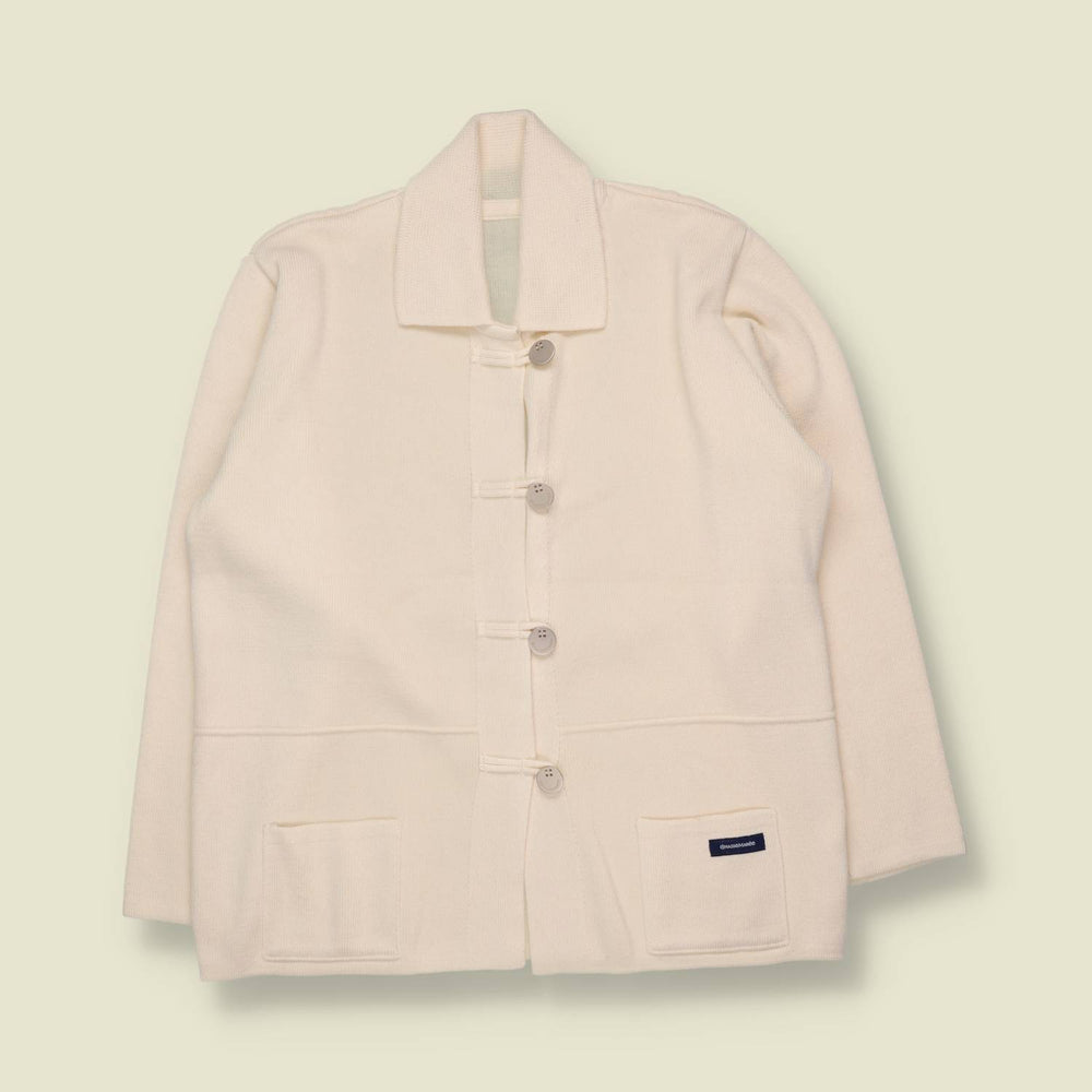 1990s | Cream Button Knit Chore Jacket Cardigan - 14
