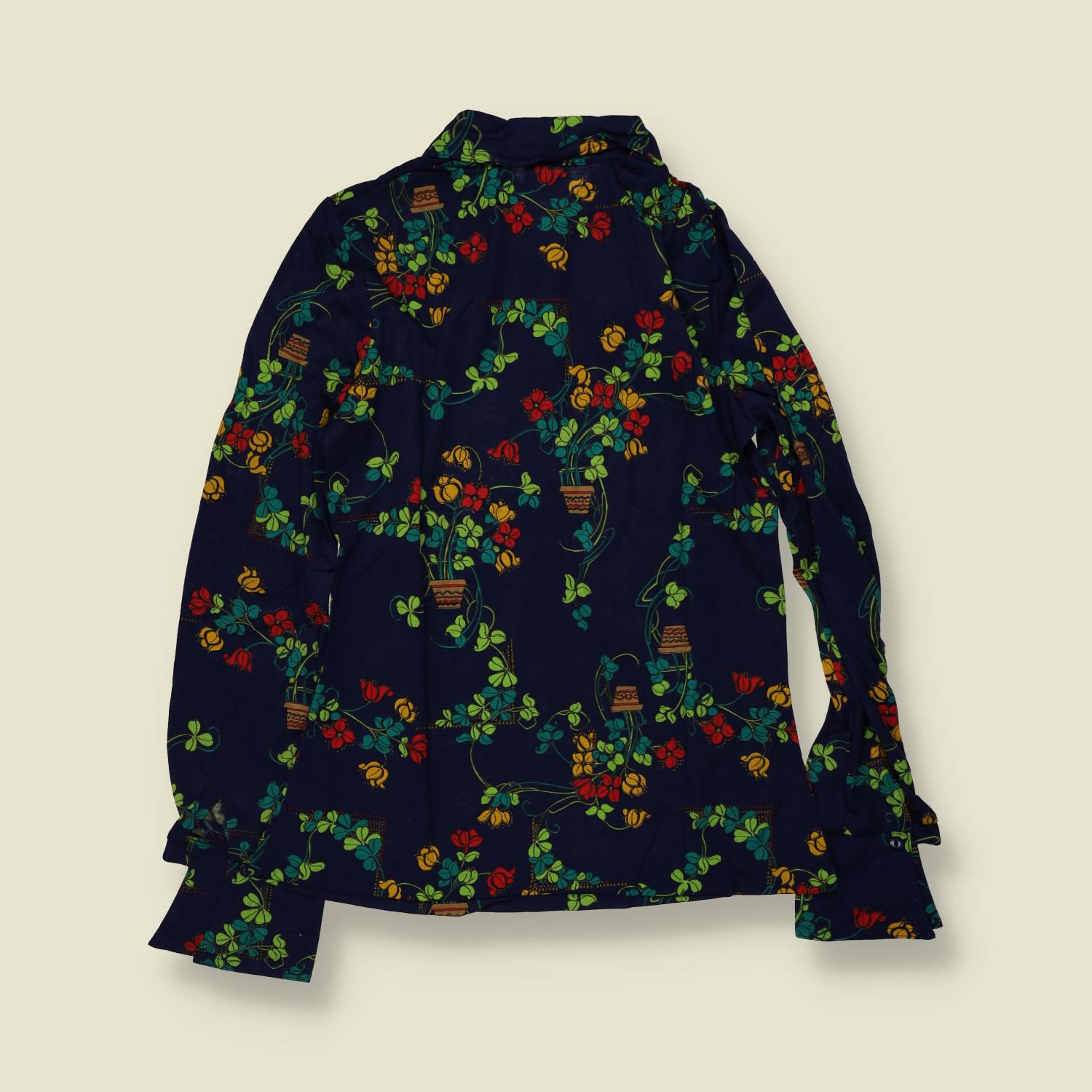 1970s | TGL | Navy Potted Plant Print Cotton Vincel Blouse - Deadstock - 8