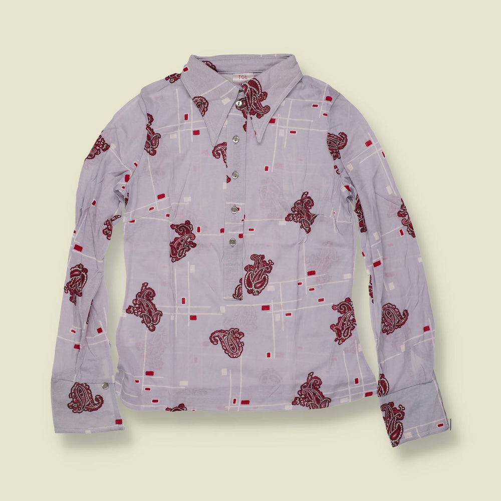 1970s | TGL | Lilac Paisley and Grid Print Cotton Blouse - Deadstock - 8
