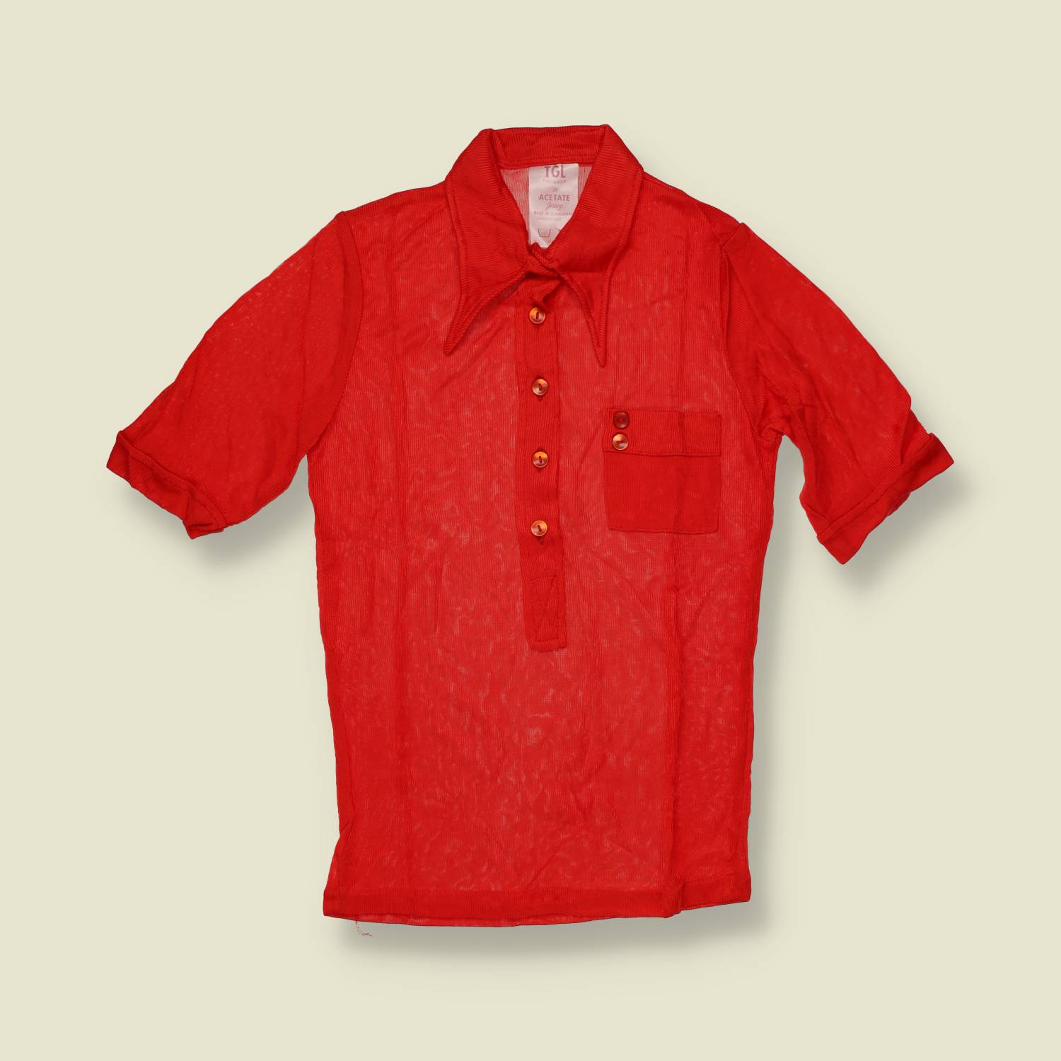 1970s | TGL | Red Half Button Acetate Blouse - Deadstock - 8