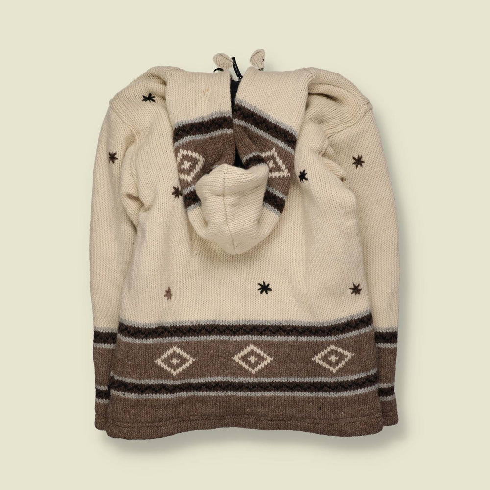 1990s – 2000s | Priya | Cream Star Motif Hooded Festival Zip Knit Jacket - Made in Nepal - 18
