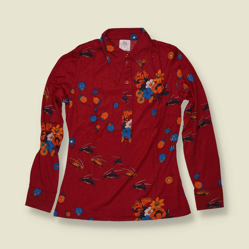 1970s | TGL | Red Bug and Floral Print Vincel Cotton Blouse - Deadstock - 6
