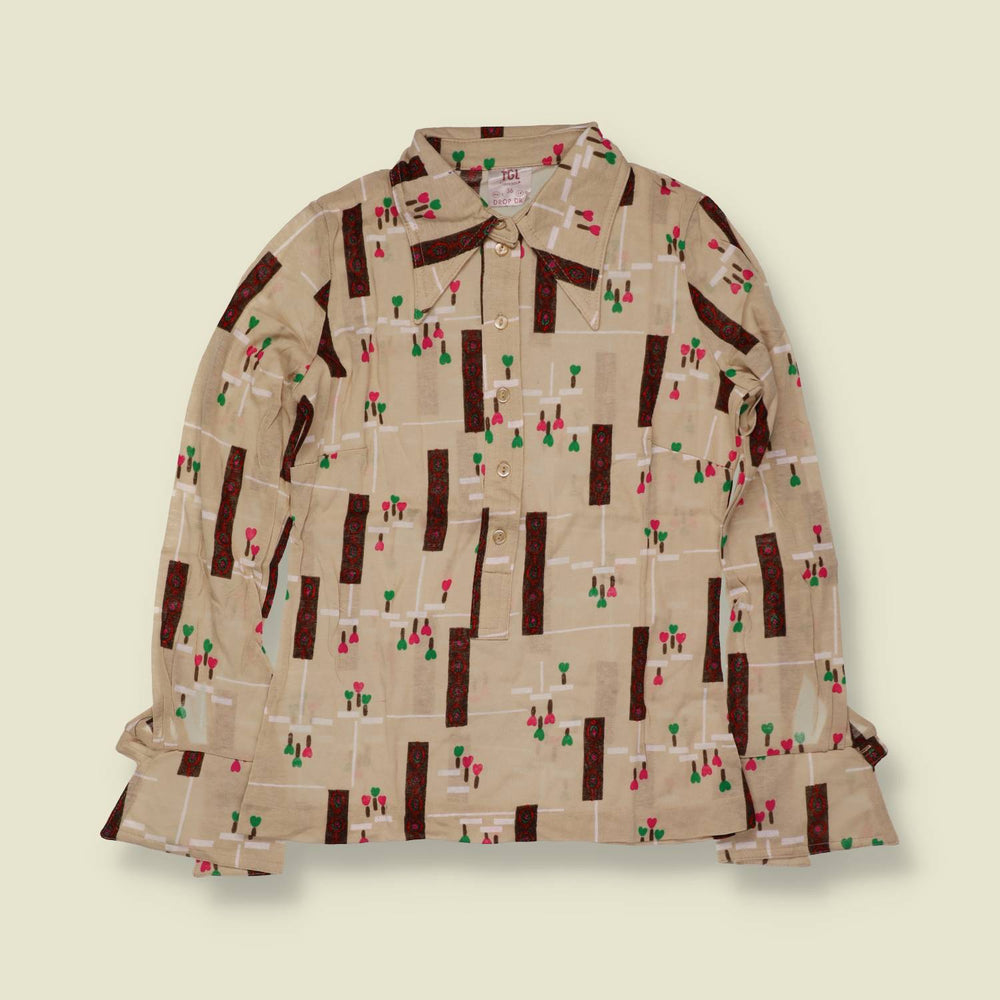 1970s | TGL | Camel Geometric and Floral Print Cotton Blouse - Deadstock - 8