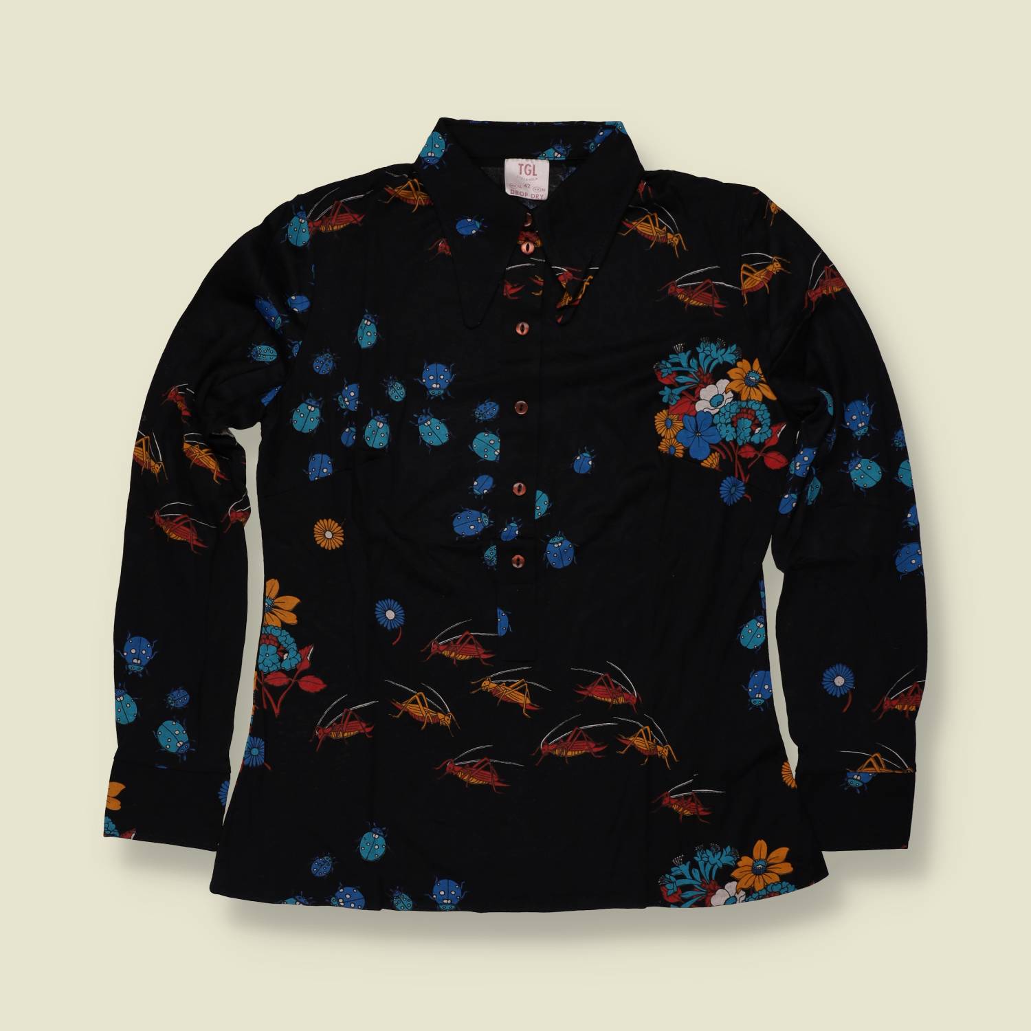 1970s | TGL | Black Bug and Floral Print Vincel Cotton Blouse - Deadstock - 10
