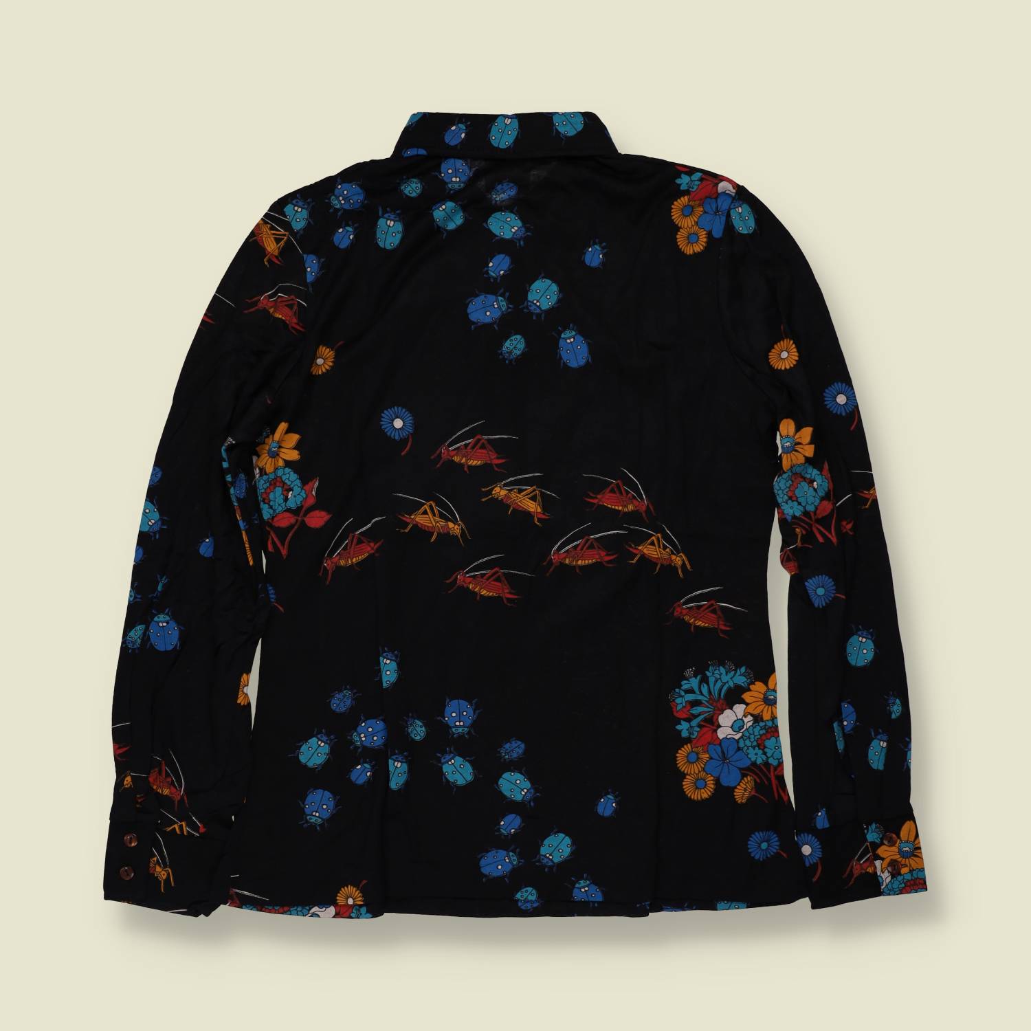1970s | TGL | Black Bug and Floral Print Vincel Cotton Blouse - Deadstock - 10