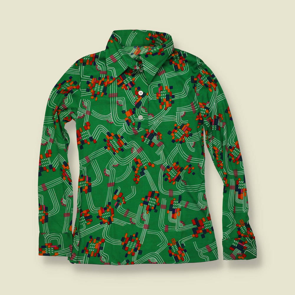 1970s | Green Geometric Circuit Print Polyester Blouse - 6