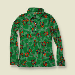 1970s | Green Geometric Circuit Print Polyester Blouse - 6