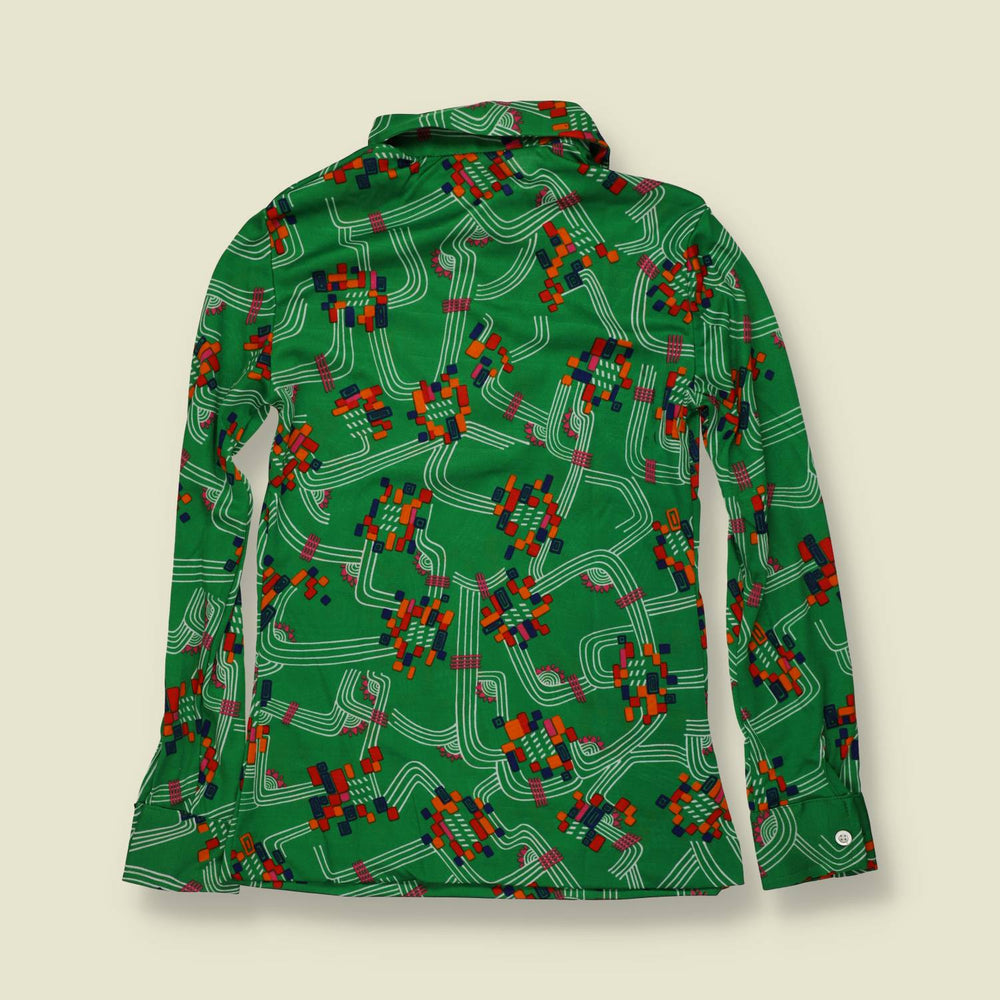 1970s | Green Geometric Circuit Print Polyester Blouse - 6