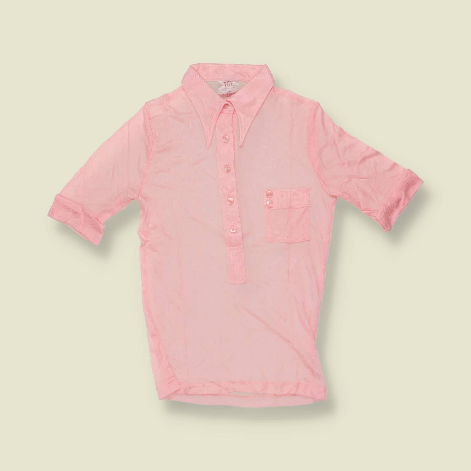 1970s | TGL | Pink Half Button Acetate Blouse - Deadstock - 4