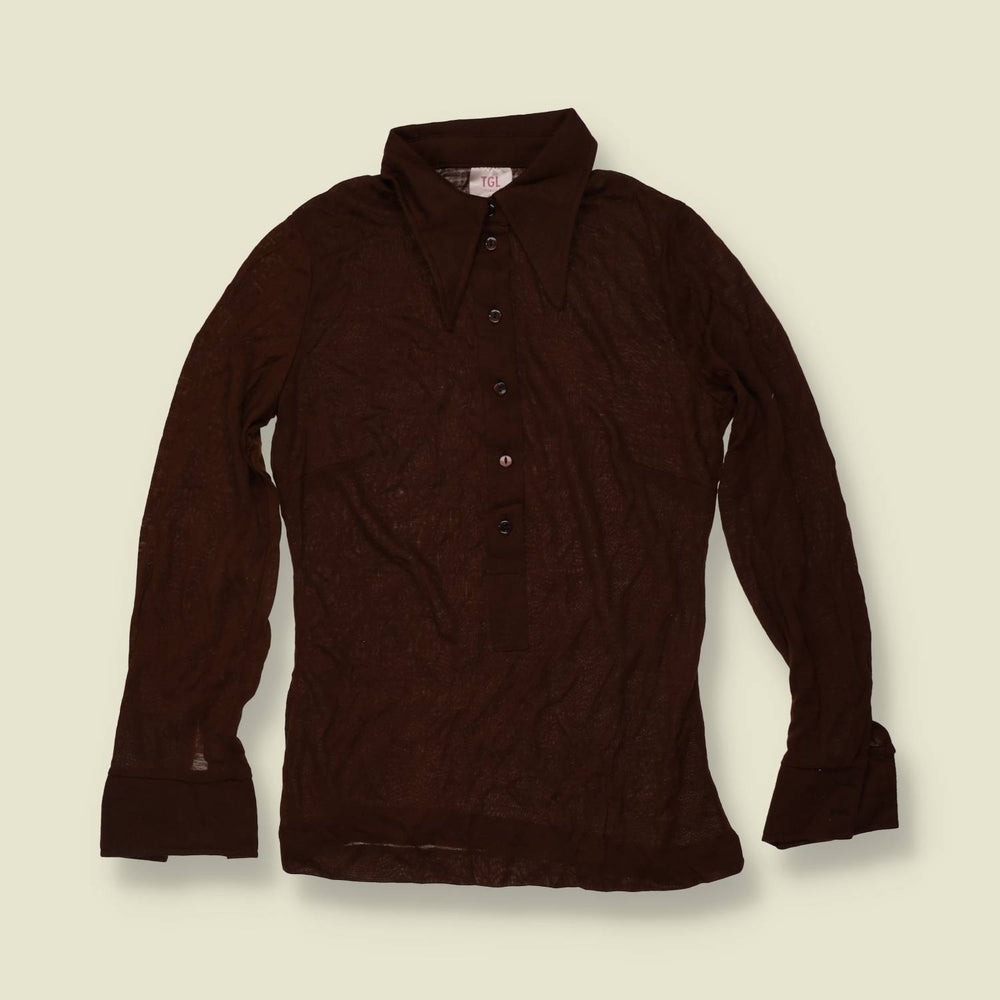 1970s | TGL | Brown Half Button Acetate Blouse - Deadstock - 6
