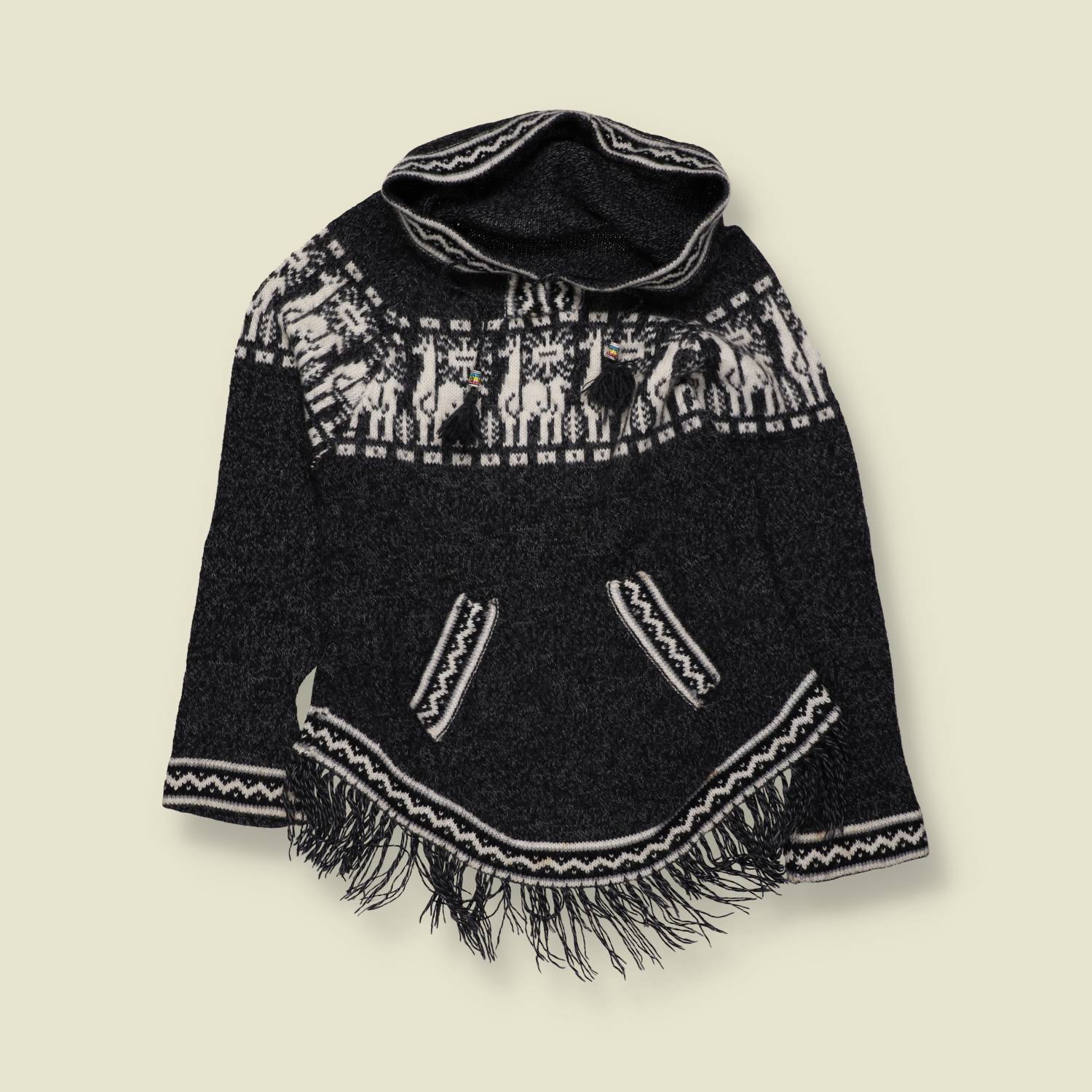 1990s – 2000s | Charcoal Llama Motif Festival Hooded Knit Poncho - 6