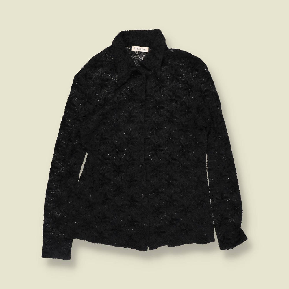 2000s | Verse | Black Floral Lace Knit Shirt - 8