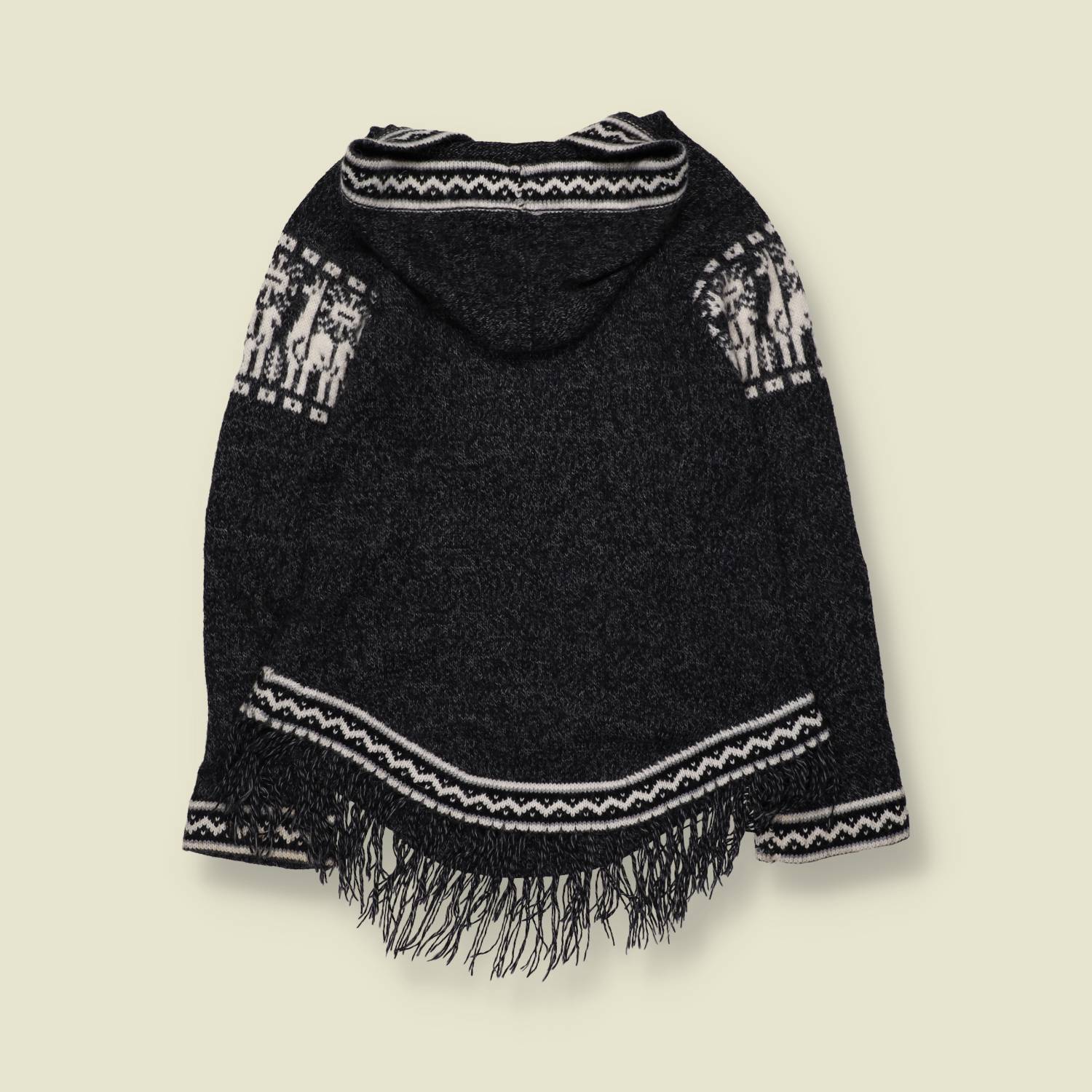 1990s – 2000s | Charcoal Llama Motif Festival Hooded Knit Poncho - 6
