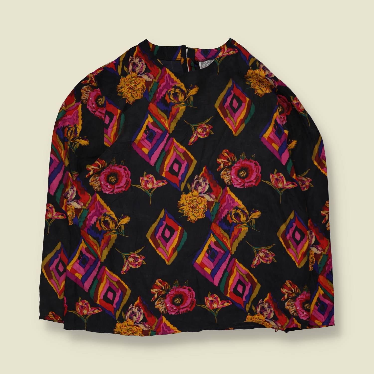 1990s | Black Floral Geometric Print Blouse - 18