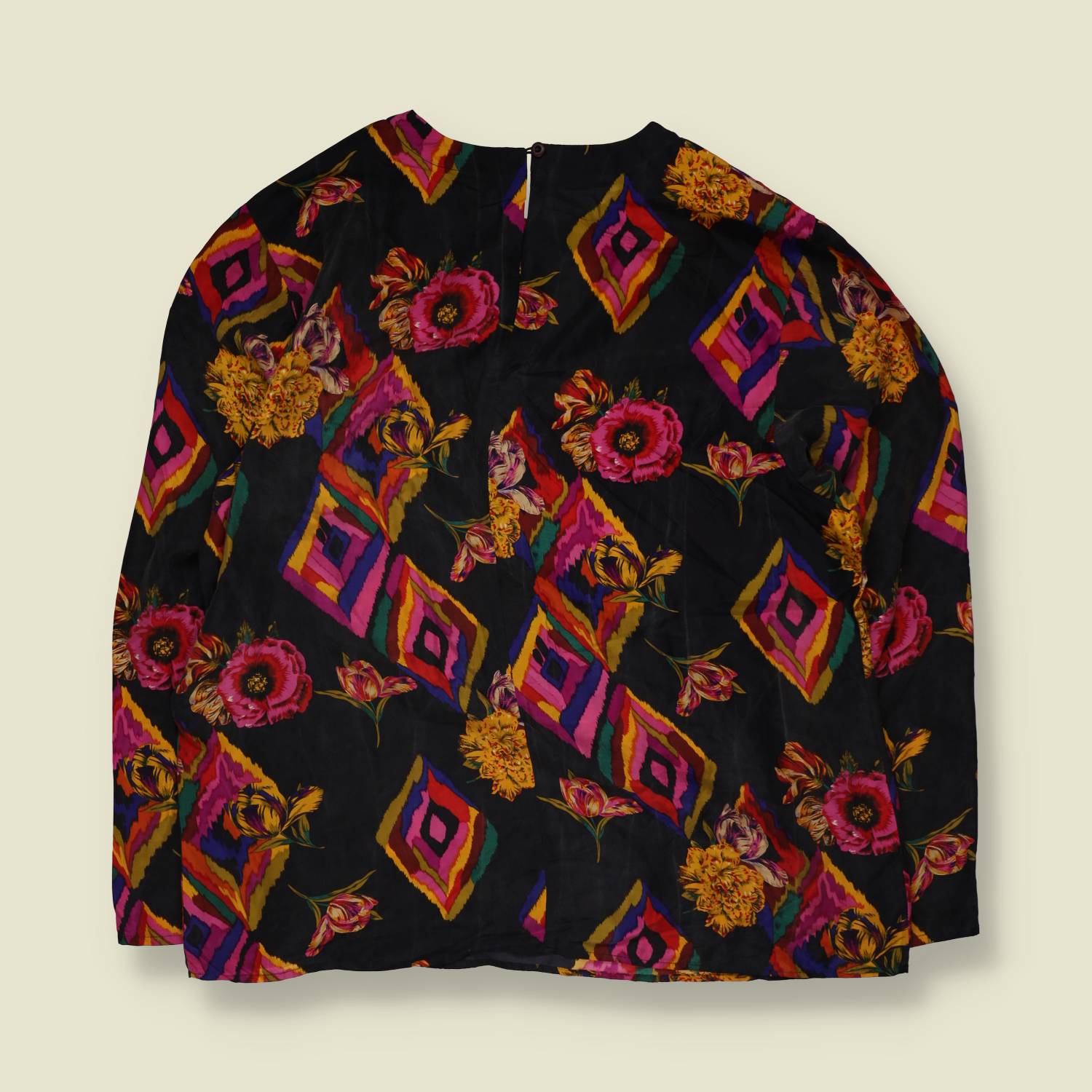 1990s | Black Floral Geometric Print Blouse - 18
