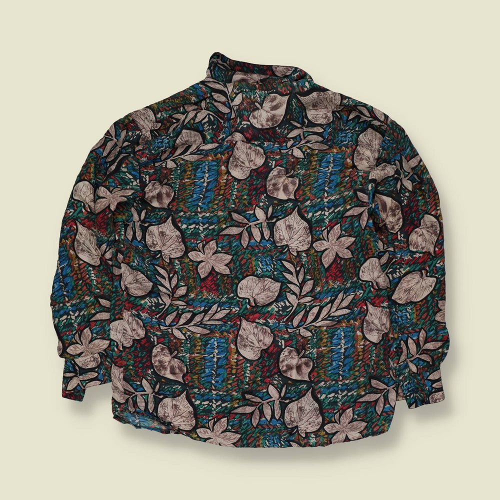 1990s | Robert Stock | Botanical Leaf Print Silk Blouse - 12
