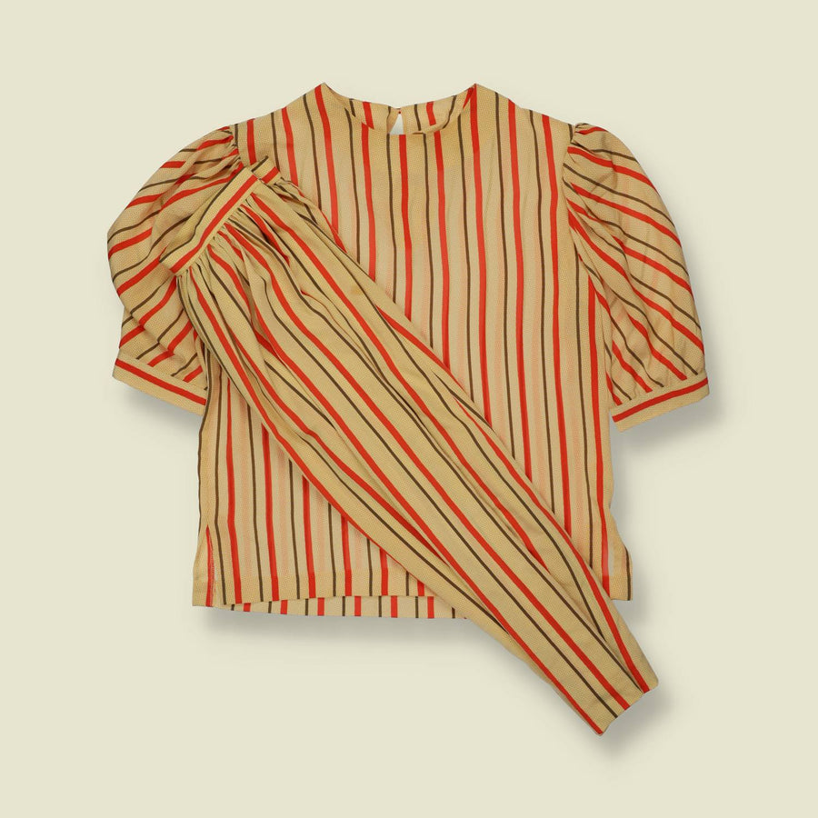 1980s | Anne Klein | Camel and Red Stripe Puff Sleeve Top and Skirt Set - 12