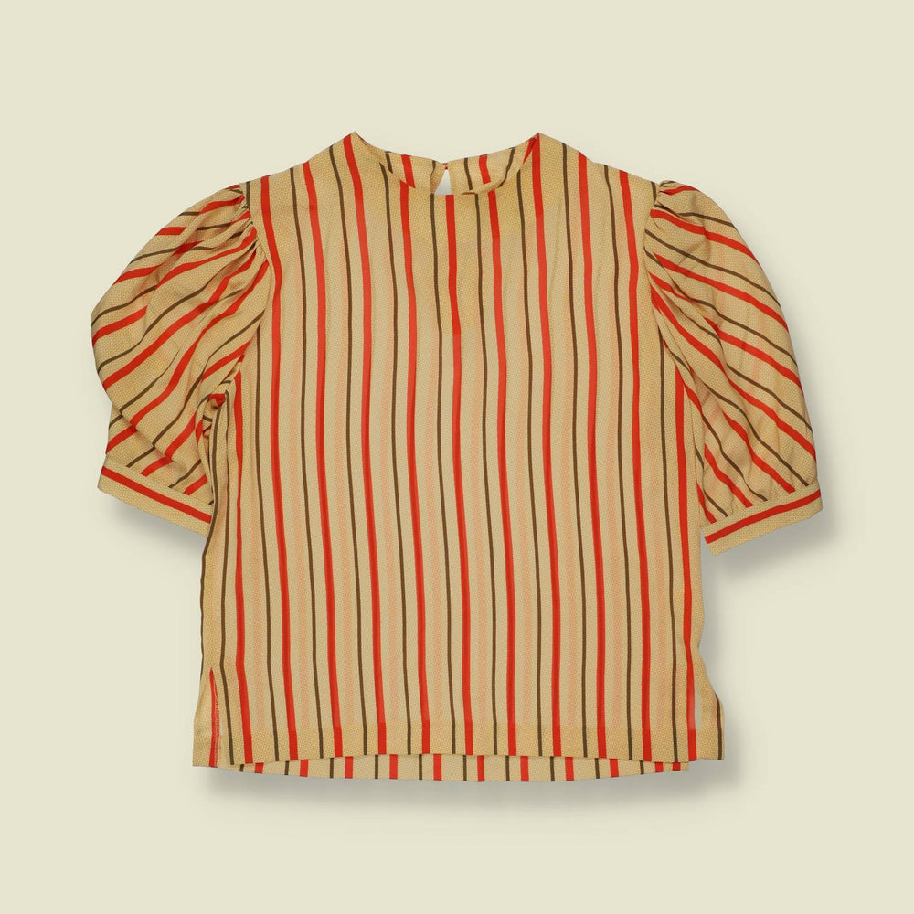 1980s | Anne Klein | Camel and Red Stripe Puff Sleeve Top and Skirt Set - 12