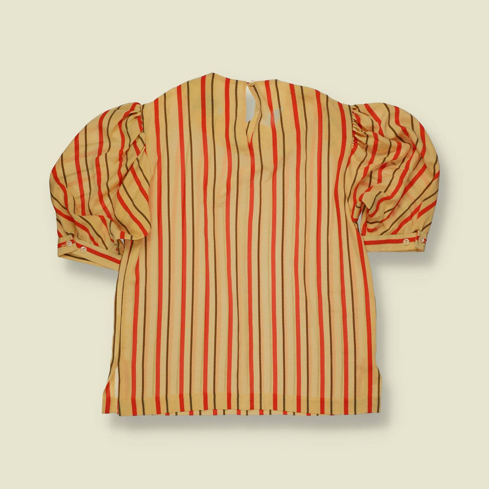 1980s | Anne Klein | Camel and Red Stripe Puff Sleeve Top and Skirt Set - 12