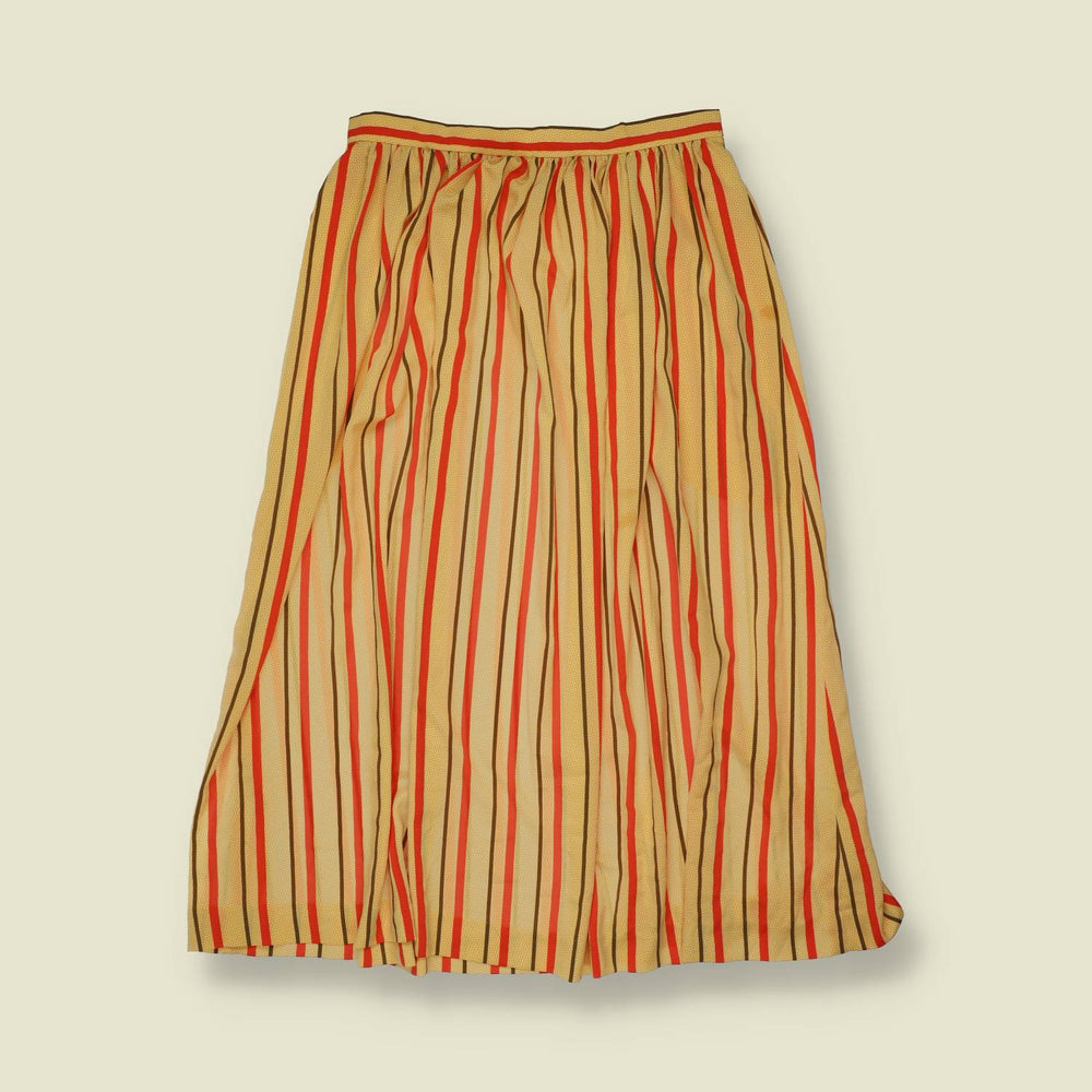 1980s | Anne Klein | Camel and Red Stripe Puff Sleeve Top and Skirt Set - 12