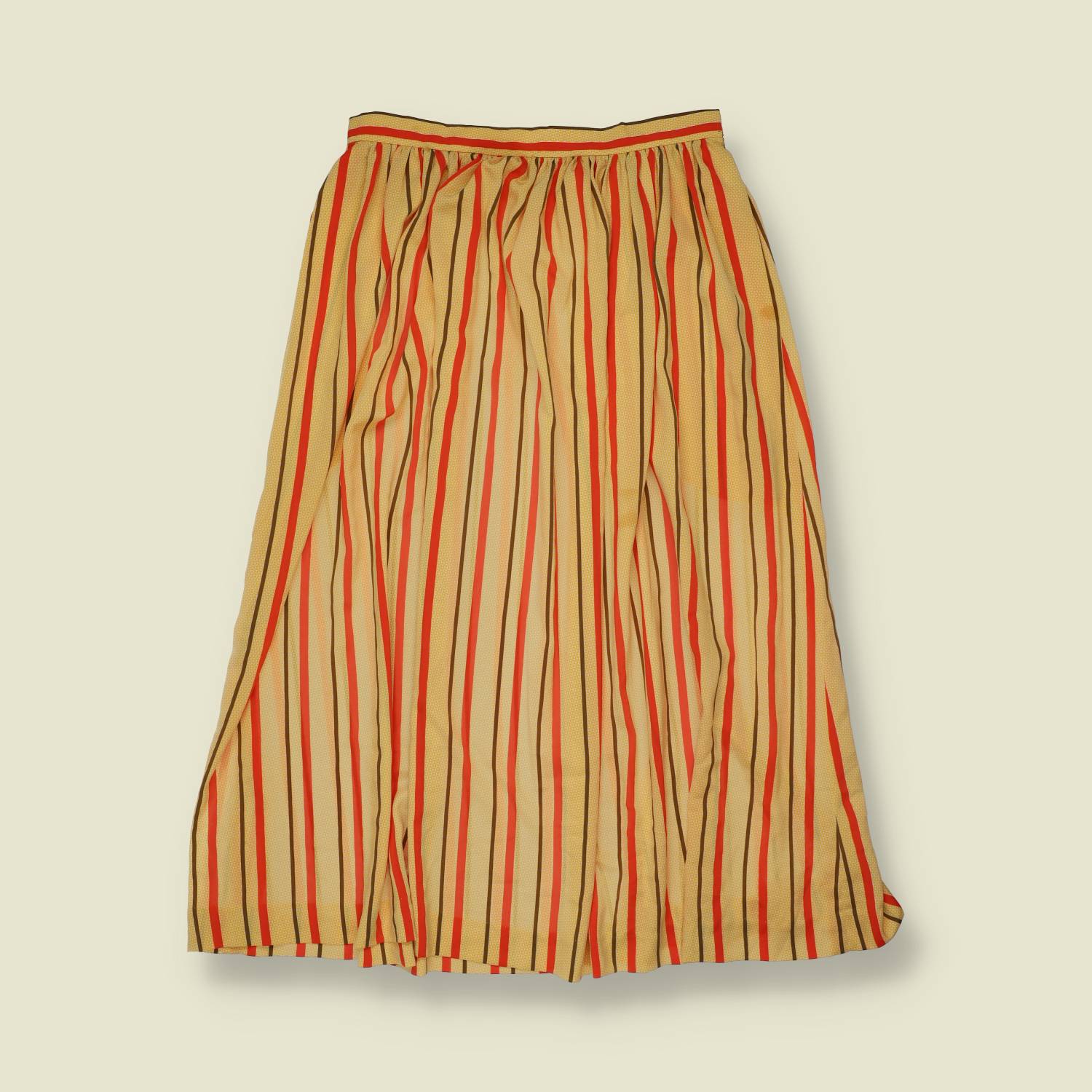 1980s | Anne Klein | Camel and Red Stripe Puff Sleeve Top and Skirt Set - 12