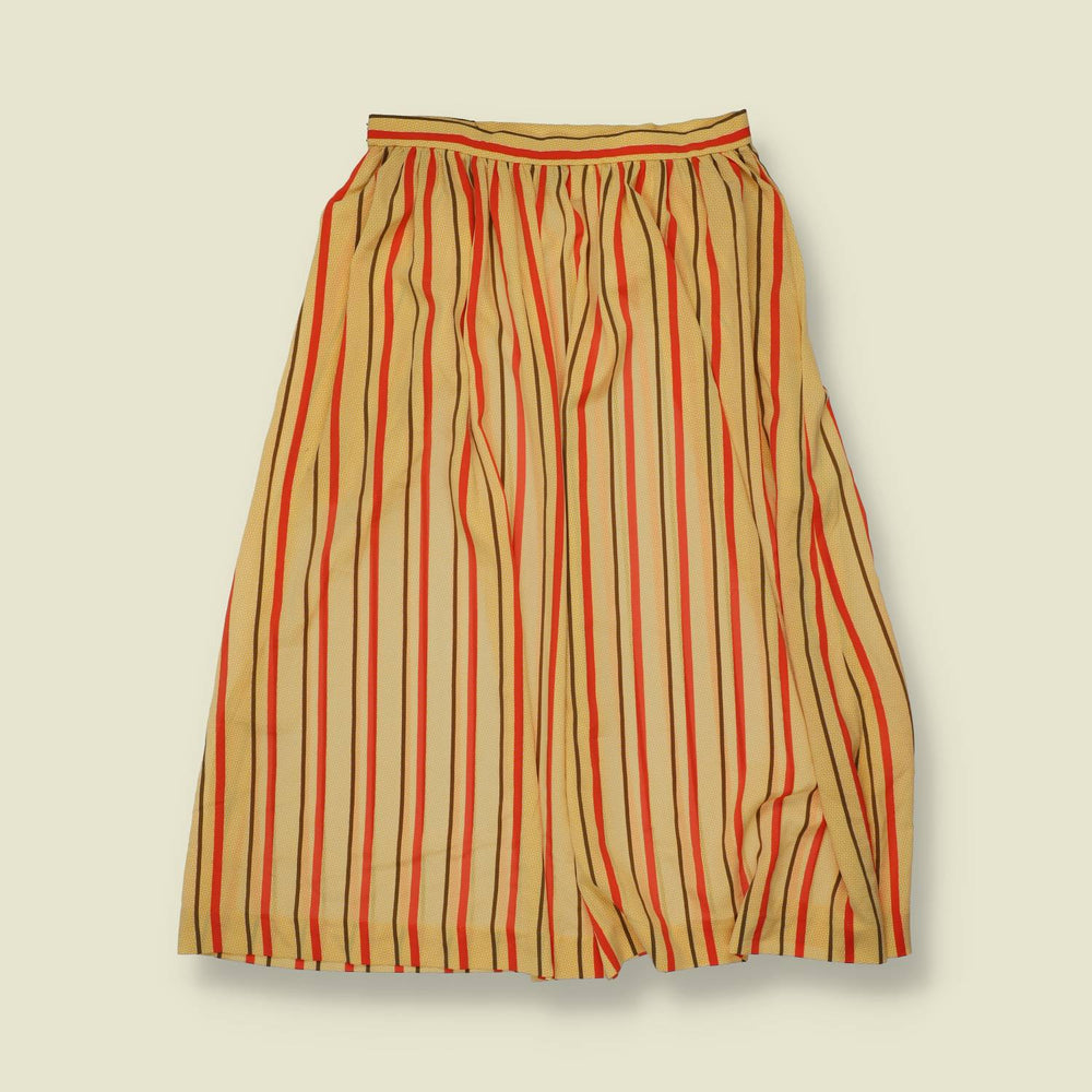 1980s | Anne Klein | Camel and Red Stripe Puff Sleeve Top and Skirt Set - 12